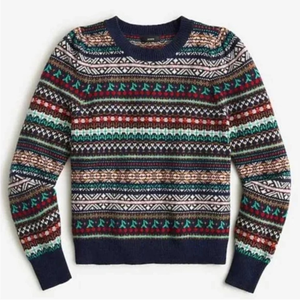 J. Crew Puff-sleeve Fair Isle crewneck sweater in Colorful Cherries Navy size XS